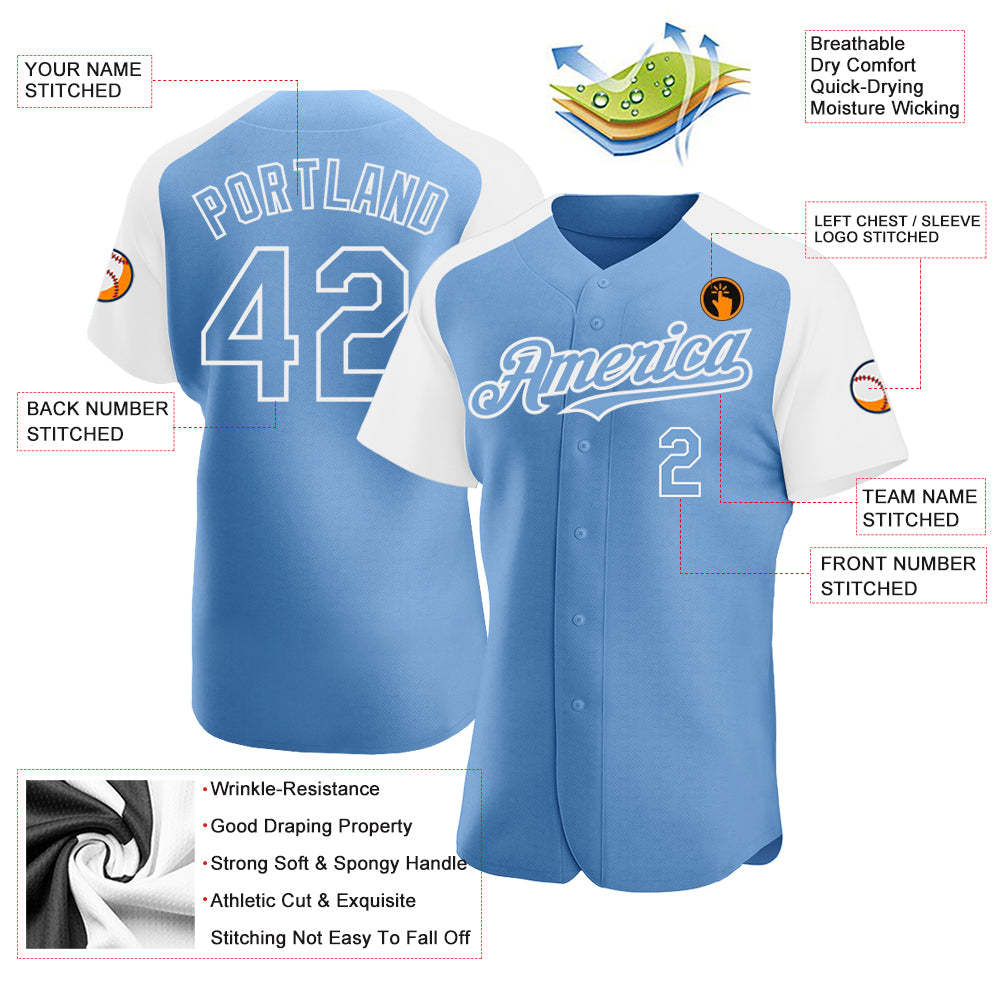 Personalized Light Blue White Authentic Raglan Sleeves Baseball Jersey Team Custom Name and Number Custom Team Baseball Jersey with Personalized Name and Number - Light Blue and White Authentic Raglan Sleeves Personalized - Image 3
