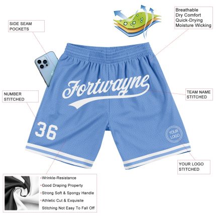 Personalized Light Blue Authentic Basketball Shorts - White Throwback Style Personalized Light Blue White Authentic Throwback