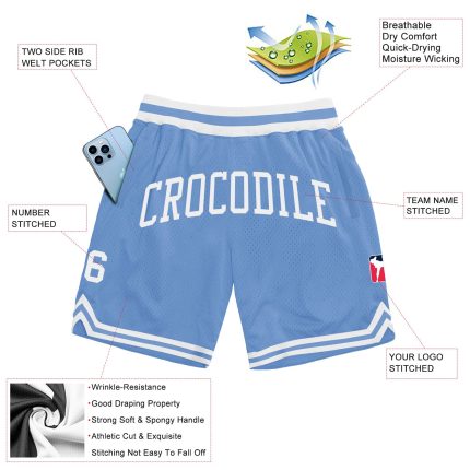 Custom Light Blue White Basketball Shorts with Personalized Name and Number - Authentic Throwback Style Personalized Light