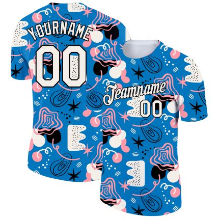 Custom Name and Number Performance T-Shirt - 3D Light Blue and Black Abstract Doodle Design Personalized Light Blue White-Black