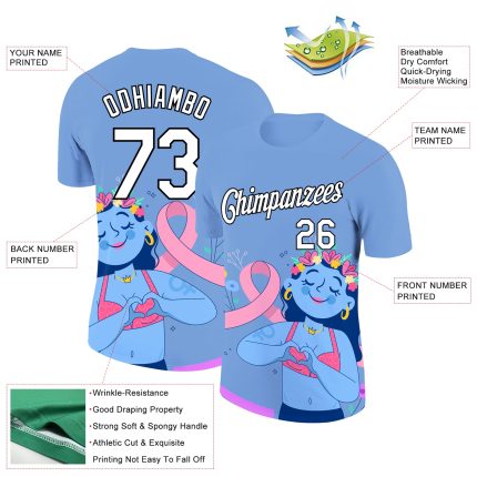 Personalized 3D Pink Ribbon Breast Cancer T-Shirt with Custom Name & Number - Light Blue, White, Black Performance Tee Personalized