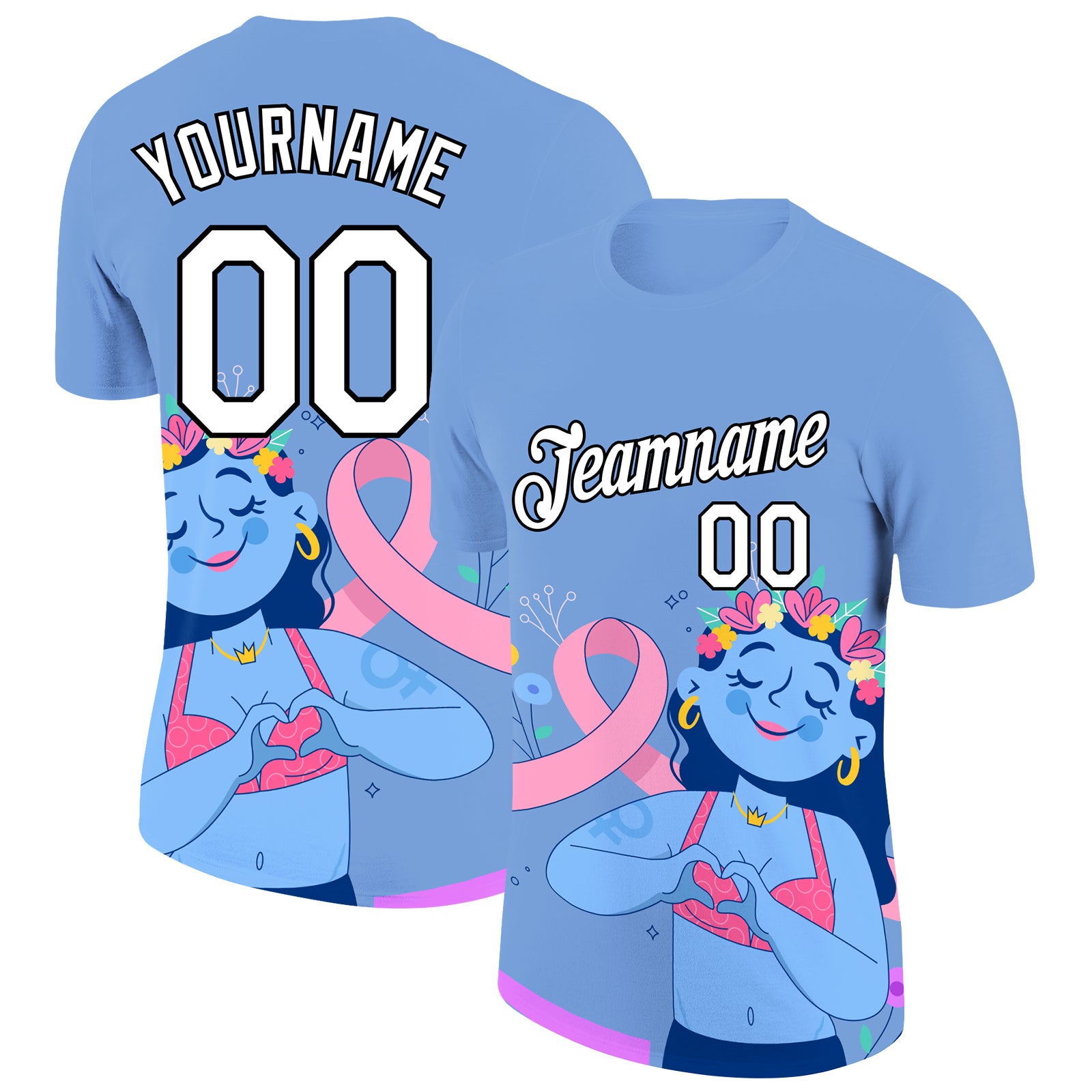 Personalized 3D Pink Ribbon Breast Cancer T-Shirt with Custom Name & Number - Light Blue, White, Black Performance Tee Personalized