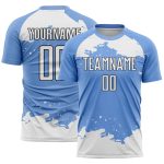 Custom Abstract Fragment Soccer Jersey - Personalized Light Blue Art with Name and Number, White Black Design Personalized