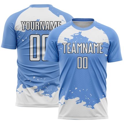 Custom Abstract Fragment Soccer Jersey - Personalized Light Blue Art with Name and Number, White Black Design Personalized