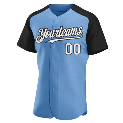 Custom Team Name and Number Authentic Light Blue White-Black Baseball Jersey with Raglan Sleeves Personalized Light Blue