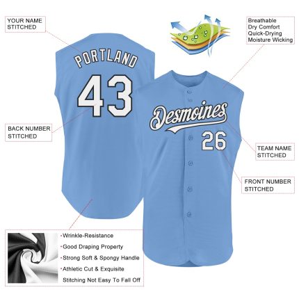 Personalized Custom Name Number Light Blue Black White Sleeveless Baseball Jersey - Authentic Team Gear Personalized Light