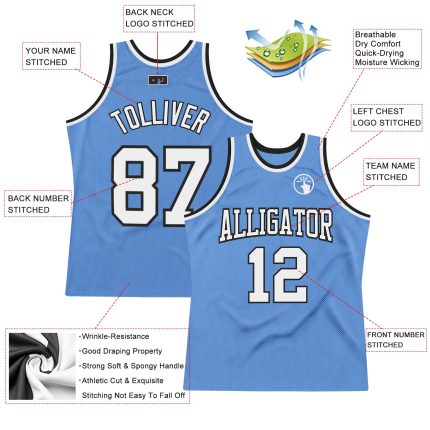 Customizable Light Blue Basketball Jersey with Team Name and Number - Authentic Throwback Style Personalized Light Blue White-Black