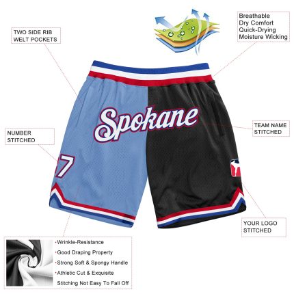 Custom Name Number Authentic Basketball Shorts Light Blue White Black Split Fashion Personalized Light Blue White-Black Authentic