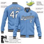 Custom Team Letterman Jacket with Name and Number - Light Blue White-Black Bomber Full-Snap Jacket Personalized Light Blue