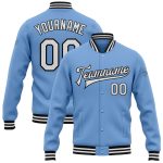 Custom Team Letterman Jacket with Name and Number - Light Blue White-Black Bomber Full-Snap Jacket Personalized Light Blue