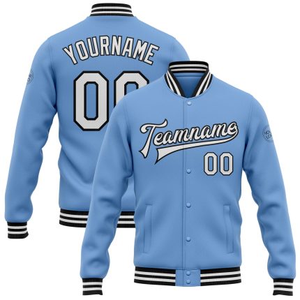 Custom Team Letterman Jacket with Name and Number - Light Blue White-Black Bomber Full-Snap Jacket Personalized Light Blue