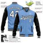 Custom Name Number Bomber Jacket - Light Blue Black White Two Tone Full-Snap Varsity Letterman Personalized Light Blue White-Black