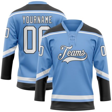 Custom Name and Number Light Blue and Black Hockey Lace Neck Jersey - Personalized Team Gear Personalized Light Blue White-Black