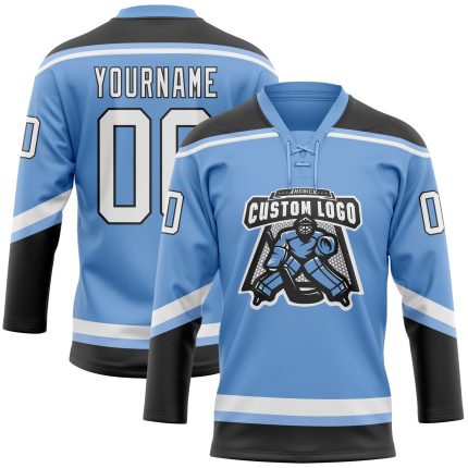 Custom Name and Number Light Blue and Black Hockey Lace Neck Jersey - Personalized Team Gear Personalized Light Blue White-Black