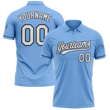 Custom Team Name Number Light Blue Black White Golf Polo Shirt Performance Personalized Light Blue White-Black Performance