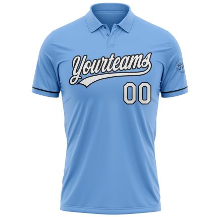 Custom Team Name Number Light Blue Black White Golf Polo Shirt Performance Personalized Light Blue White-Black Performance
