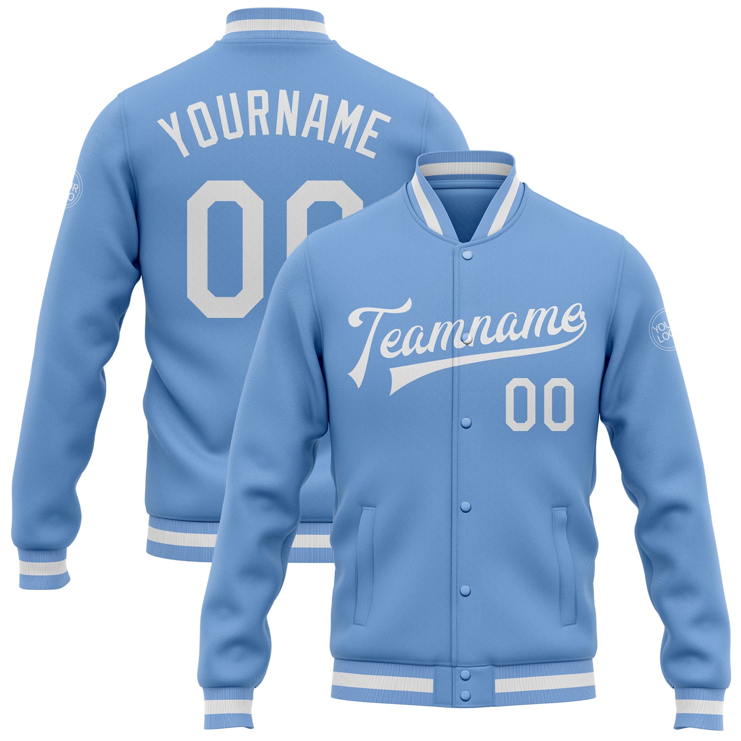 Custom Team Name Number Bomber Jacket Light Blue White Full-Snap Varsity Letterman Personalized Light Blue White Bomber Full-Snap