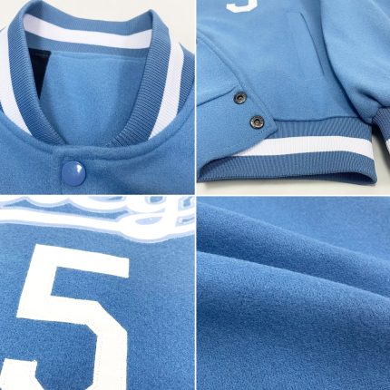 Custom Team Name Number Bomber Jacket Light Blue White Full-Snap Varsity Letterman Personalized Light Blue White Bomber Full-Snap