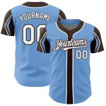 Custom Authentic Baseball Jersey with Personalized Name and Number, Light Blue White Brown Colors, 3 Arm Shapes Personalized