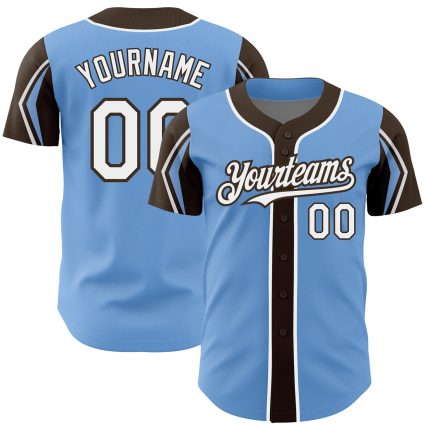 Custom Authentic Baseball Jersey with Personalized Name and Number, Light Blue White Brown Colors, 3 Arm Shapes Personalized