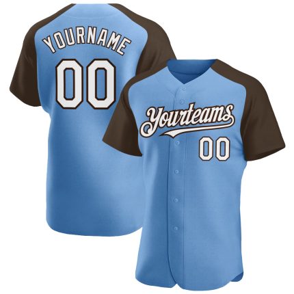 Custom Name and Number Light Blue White-Brown Baseball Jersey - Personalized Authentic Raglan Sleeves Personalized Light