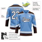 Custom Name and Number Light Blue Hockey Lace Neck Jersey - Personalized White-Brown Team Apparel Personalized Light Blue