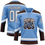 Custom Name and Number Light Blue Hockey Lace Neck Jersey - Personalized White-Brown Team Apparel Personalized Light Blue