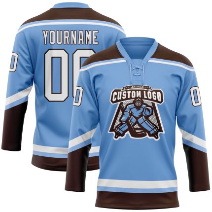 Custom Name and Number Light Blue Hockey Lace Neck Jersey - Personalized White-Brown Team Apparel Personalized Light Blue