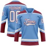 Custom Light Blue White-Crimson Hockey Jersey with Personalized Name and Number - Lace Neck Design Personalized Light Blue
