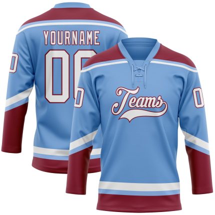 Custom Light Blue White-Crimson Hockey Jersey with Personalized Name and Number - Lace Neck Design Personalized Light Blue