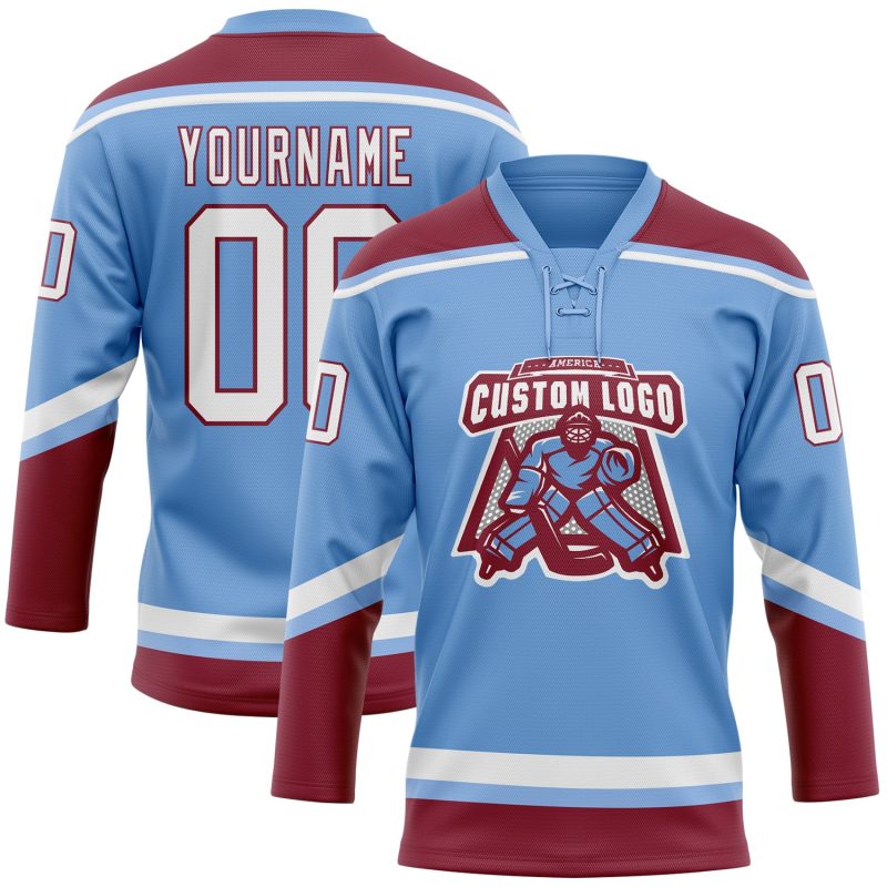 Custom Light Blue White-Crimson Hockey Jersey with Personalized Name and Number - Lace Neck Design Personalized Light Blue