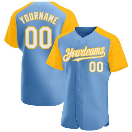 Custom Name Number Baseball Jersey - Light Blue White Gold Authentic Raglan Sleeves Personalized Light Blue White-Gold Authentic