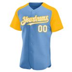 Custom Name Number Baseball Jersey - Light Blue White Gold Authentic Raglan Sleeves Personalized Light Blue White-Gold Authentic