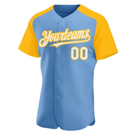 Custom Name Number Baseball Jersey - Light Blue White Gold Authentic Raglan Sleeves Personalized Light Blue White-Gold Authentic