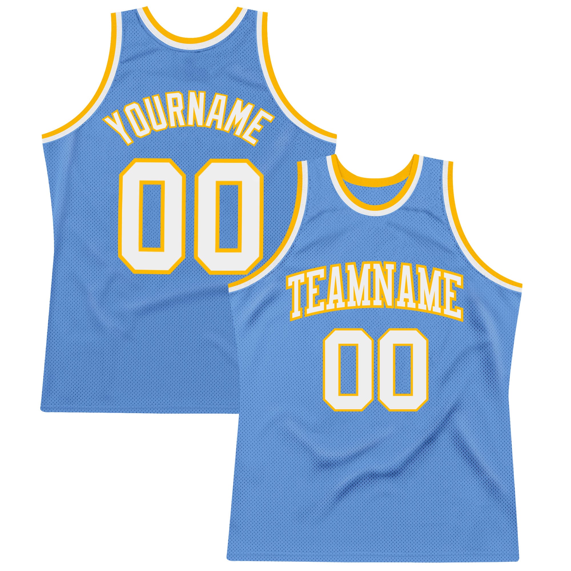 Personalized Light Blue Authentic Basketball Jersey with White-Gold Design Personalized Light Blue White-Gold Authentic Throwback
