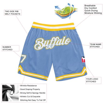 Custom Name & Number Authentic Throwback Basketball Shorts - Light Blue & White-Gold Team Apparel Personalized Light Blue
