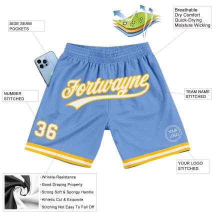 Personalized Authentic Light Blue White-Gold Basketball Shorts - Custom Throwback Style Personalized Light Blue White-Gold