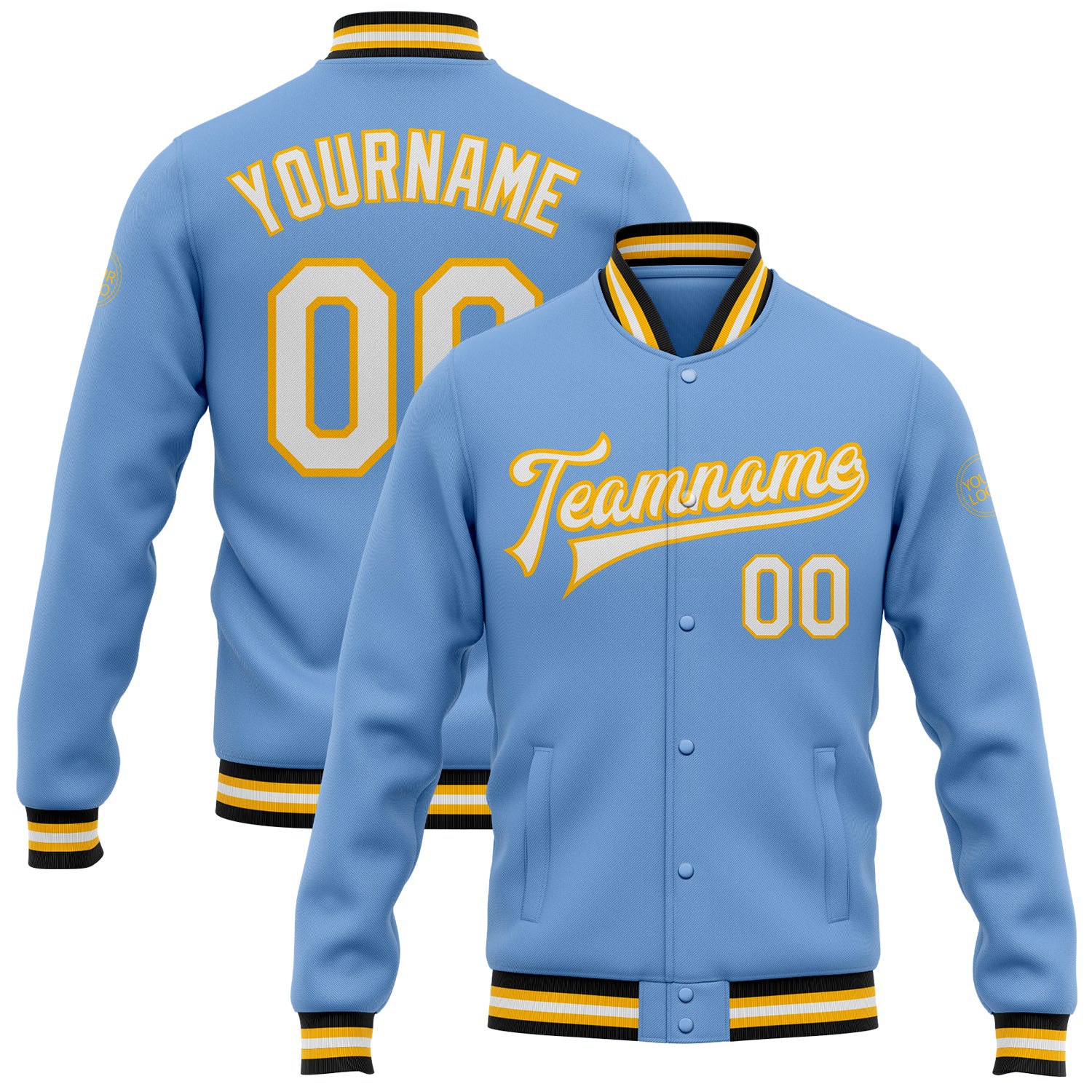 Custom Team Bomber Varsity Jacket - Light Blue White Gold-Black Full-Snap with Personalized Name and Number Personalized
