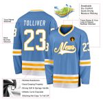 Custom Name and Number Hockey Jersey Light Blue White Gold - Personalized Team Jersey Personalized Light Blue White-Gold