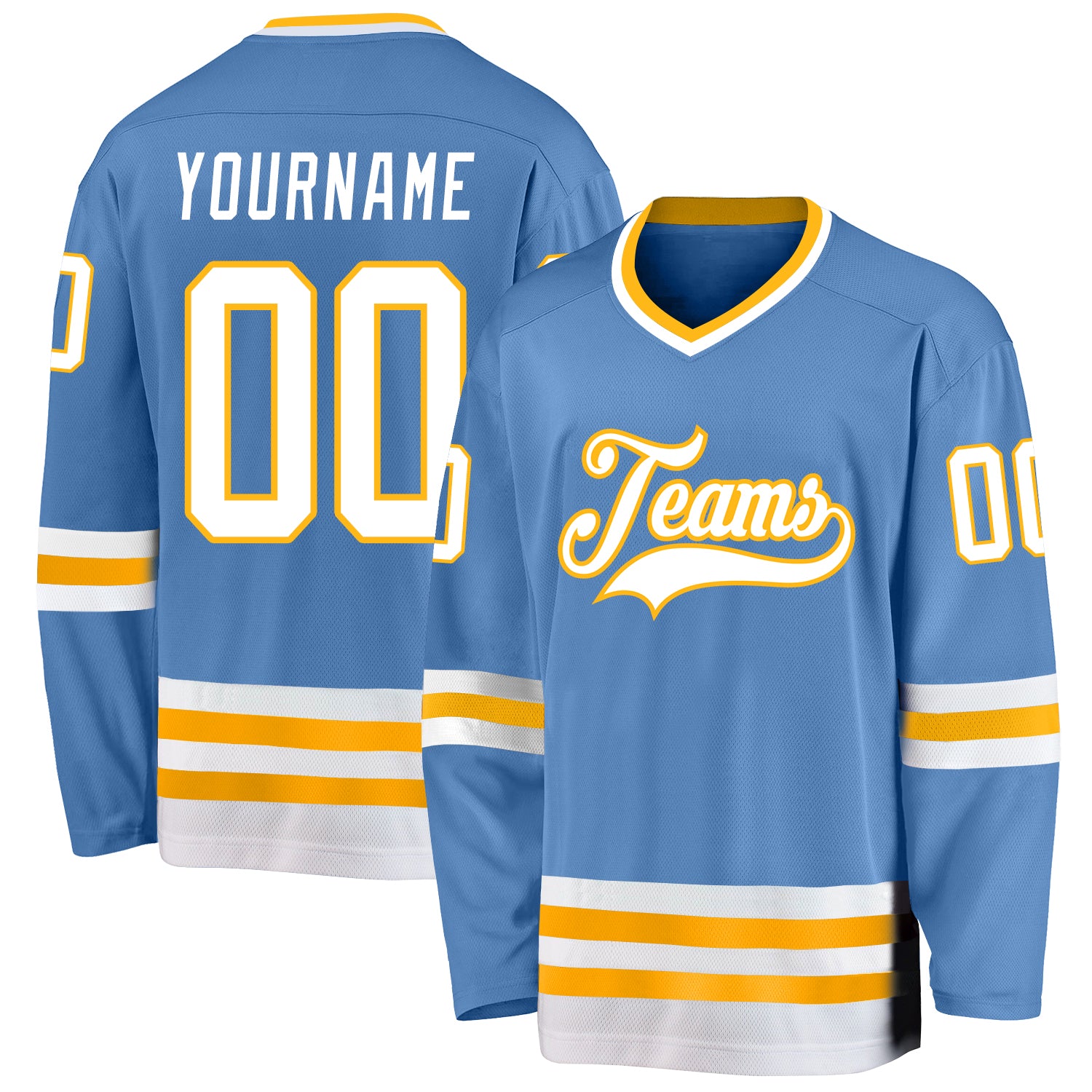 Custom Name and Number Hockey Jersey Light Blue White Gold - Personalized Team Jersey Personalized Light Blue White-Gold
