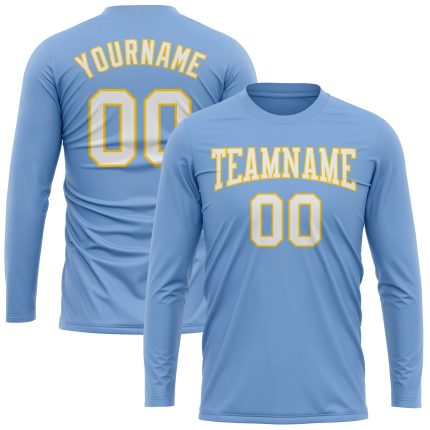 Custom Team Name and Number Light Blue White-Gold Long Sleeve Performance T-Shirt Personalized Light Blue White-Gold Long