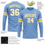 Custom Team Name and Number Light Blue White-Gold Long Sleeve Performance T-Shirt Personalized Light Blue White-Gold Long