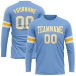 Custom Team Name and Number Light Blue White-Gold Long Sleeve Performance T-Shirt Personalized Light Blue White-Gold Long