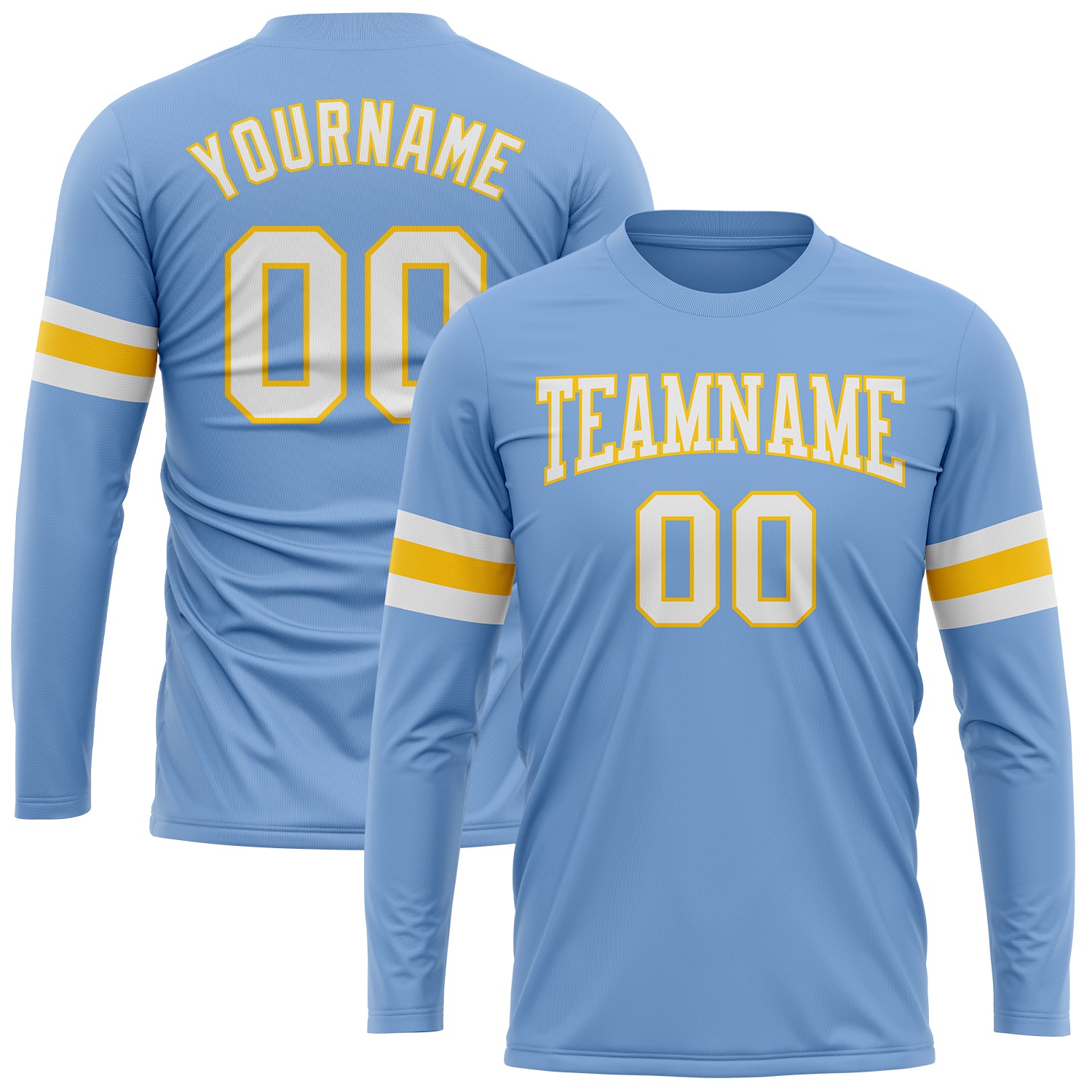 Custom Team Name and Number Light Blue White-Gold Long Sleeve Performance T-Shirt Personalized Light Blue White-Gold Long