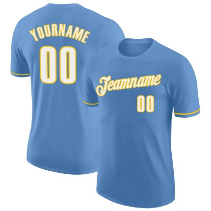 Custom Name and Number Performance T-Shirt Light Blue White-Gold Team Apparel Personalized Light Blue White-Gold Performance