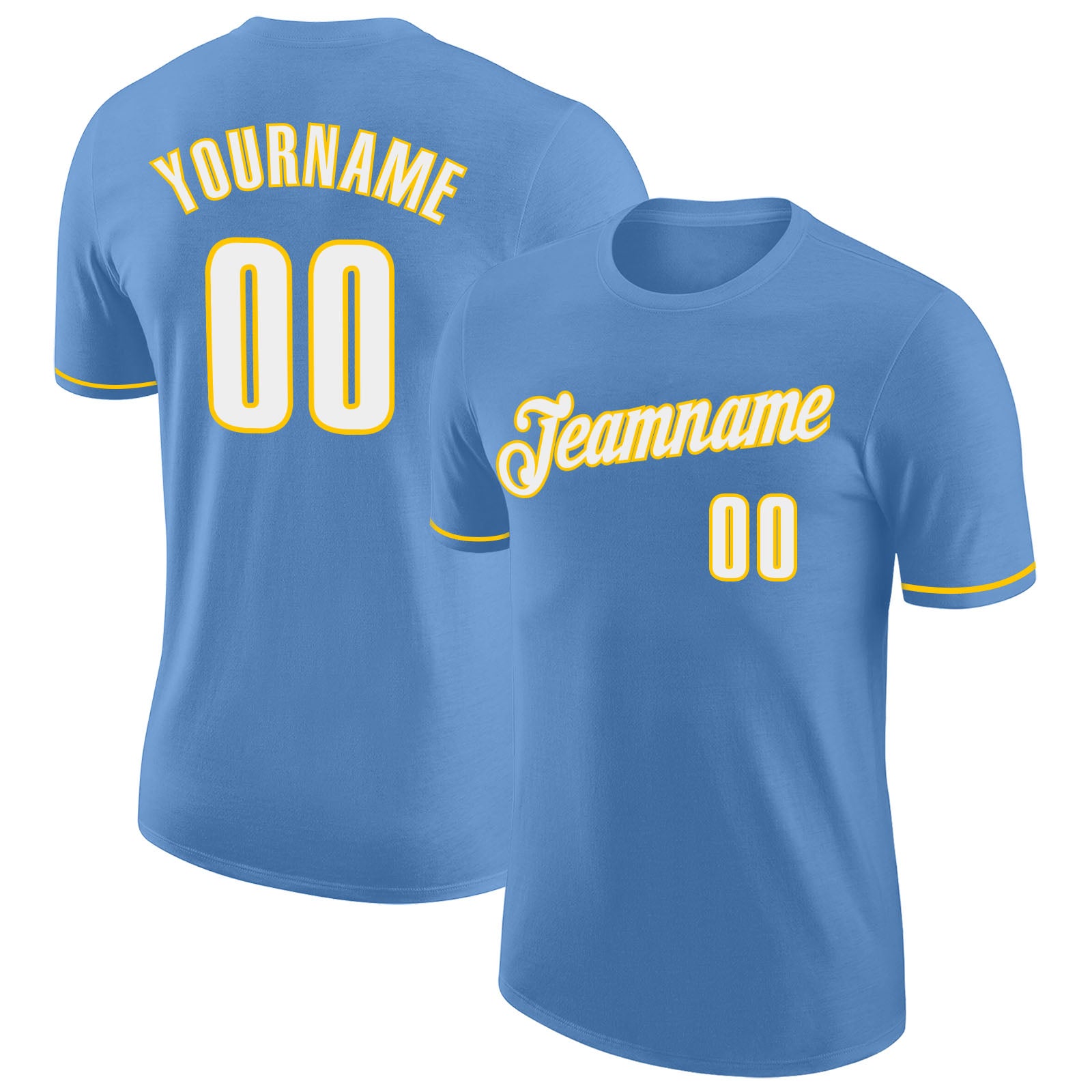 Custom Name and Number Performance T-Shirt Light Blue White-Gold Team Apparel Personalized Light Blue White-Gold Performance
