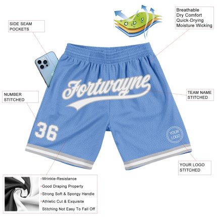 Personalized Light Blue White Gray Basketball Shorts - Authentic Throwback Style Personalized Light Blue White-Gray Authentic