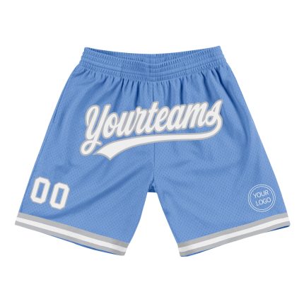 Personalized Light Blue White Gray Basketball Shorts - Authentic Throwback Style Personalized Light Blue White-Gray Authentic