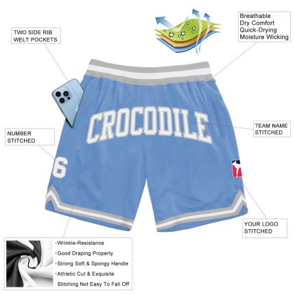 Custom Team Basketball Shorts with Name and Number - Light Blue White-Gray Authentic Throwback Style Personalized Light Blue