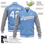 Custom Team Name Number Light Blue White-Gray Bomber Varsity Letterman Two-Tone Full-Snap Jacket Personalized Light Blue